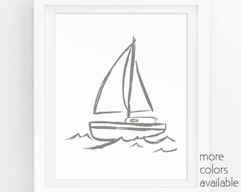 Gray and white wall art, Nautical art, Boat painting, Sailboat print, Boat wall art, Sea decor, Minimalist wall decor 5x7, 8x10, 11x14, 223b