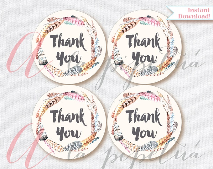 Thank You Favor Tags .Boho tags. Feathers thank you tag. Printable . Feathers tags. INSTANT DOWNLOAD