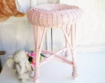 Shabby Chic Vintage Stool Side Table /Wicker Stool Repurposed In Shabby Pink/Home Decor/Garden Room/Shabby Beach Decor