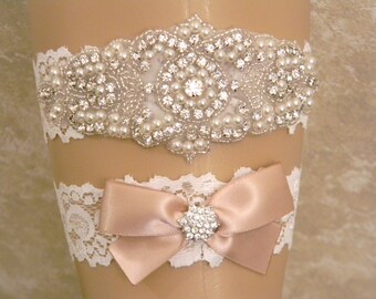 Champagne Wedding Garter Set, Bridal Garter, Pearl and Crystal Rhinestone Garter, Keepsake and Toss Garter Set, Wedding Garter, Lace Garters