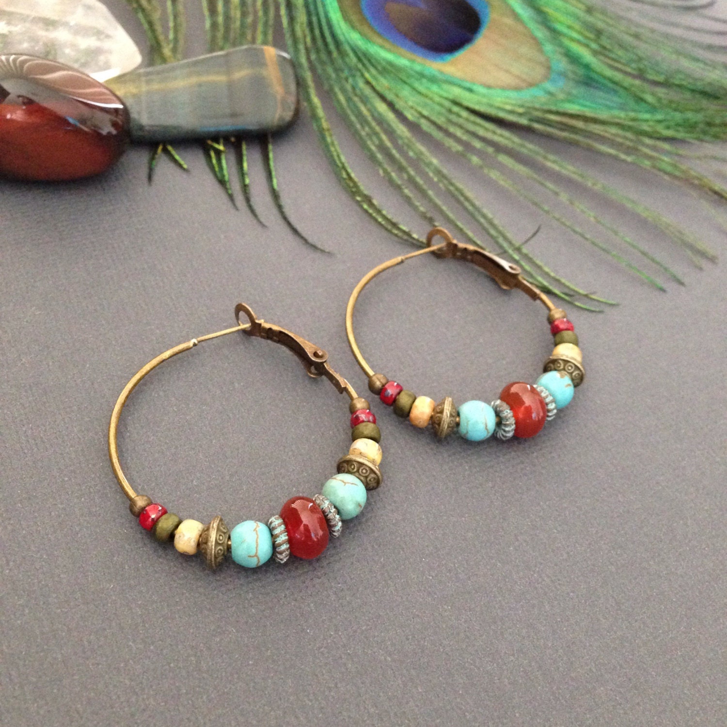 Bohemian Carnelian Bead Hoop Earrings