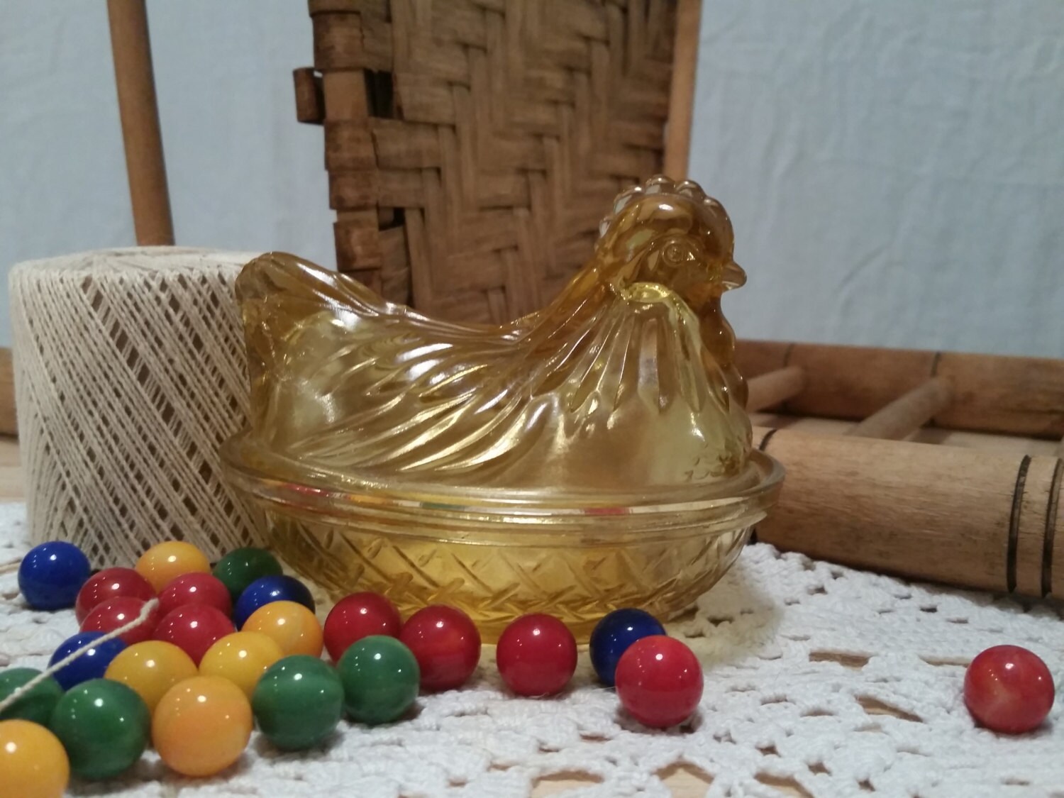 Vintage Amber HenOnNest Candy Dish