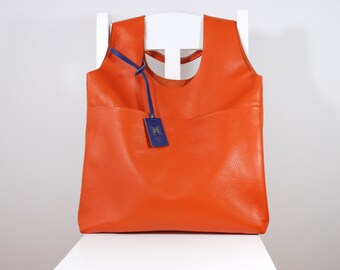 Exclusive Huge Genuine Leather Tote Minimalistic Style With Purse Orange Color