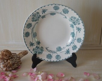 Lovely antique French set of 6 green and cream soup plates bowl sarreguemines pattern geranium