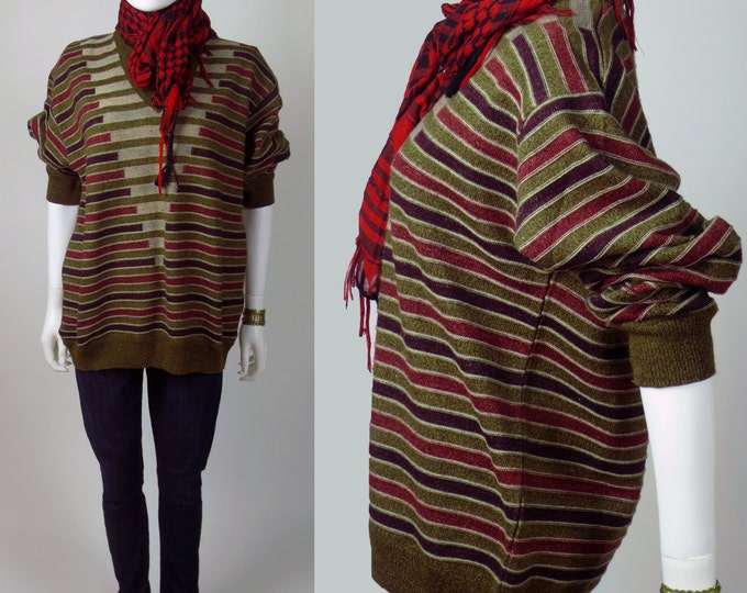 70s jacquard knit engineered striped geometric v-neck oversize gamine wool blend cosby sweater
