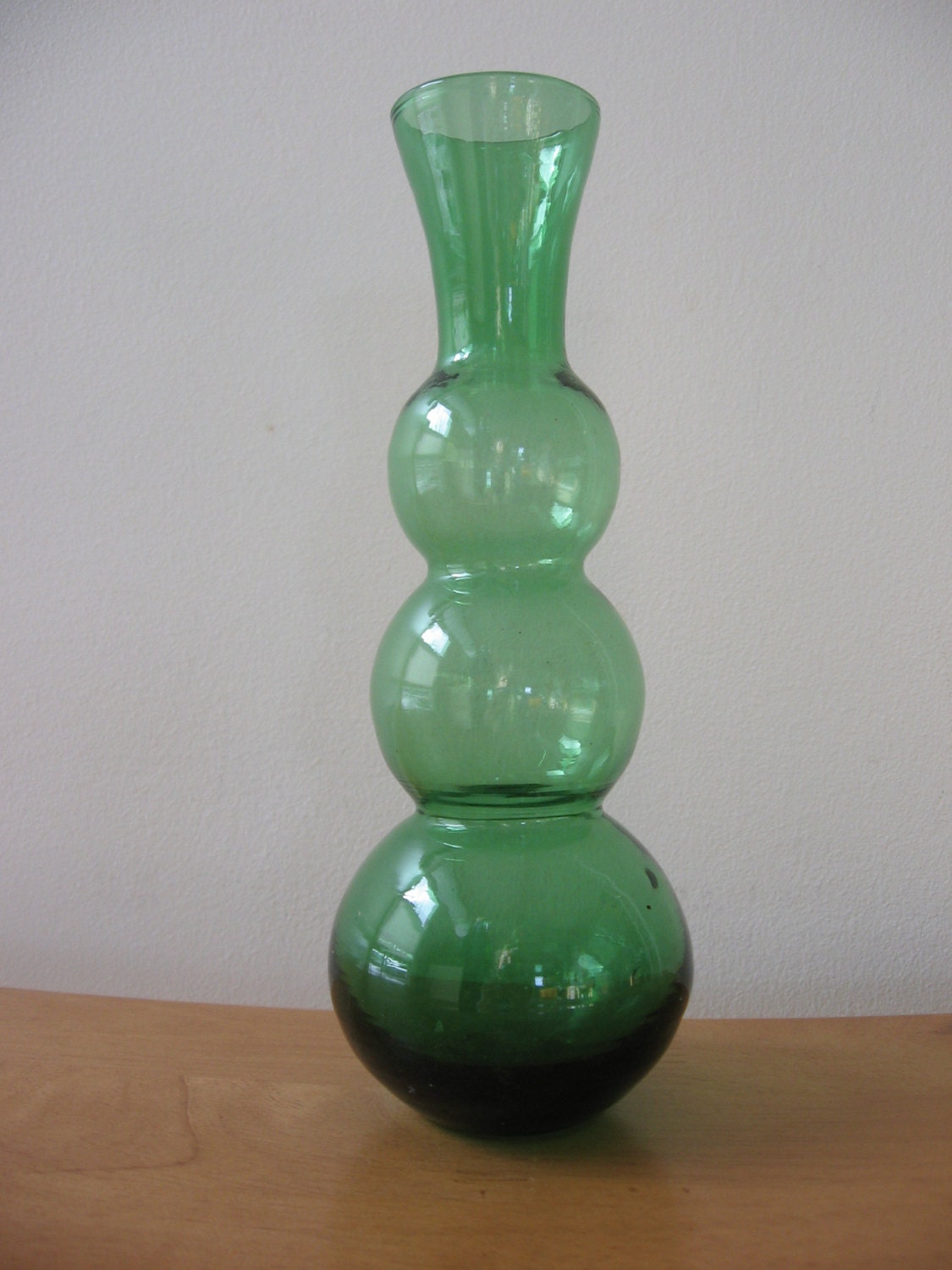Green glass bottle vase three round shapes stacked MCM