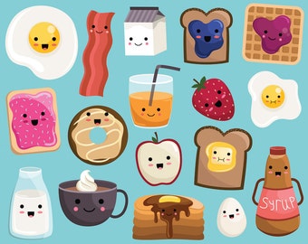 Kawaii Breakfast Food Clipart - Vector, PNG & JPG Files - 300 DPI Cute, Hand Drawn Food Clip Art Set