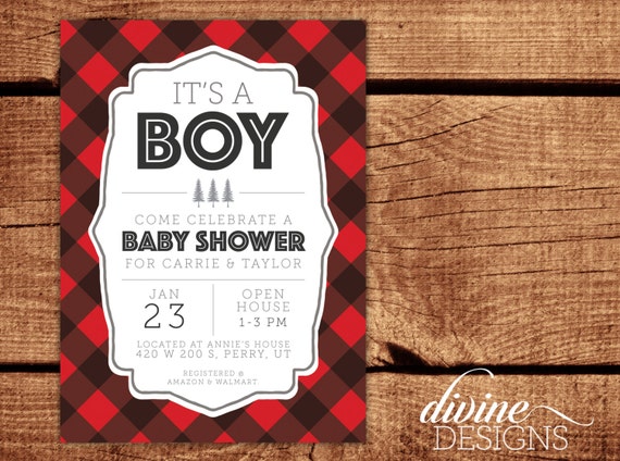 shower baby oh invitations Buffalo Invitation Plaid Lumberjack Baby Red Shower