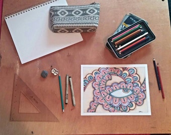 Original, hand-drawn in colored pencil- Eye of the Paisley