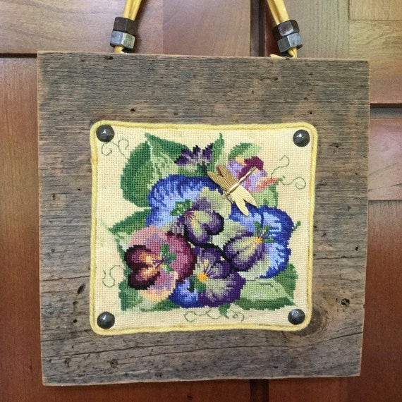 Needlepoint Pansy Wall Hanging on Old Barn wood