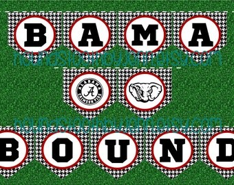 University of Alabama "BAMA BOUND" Printable Banner! Black/white houndstooth with crimson trim, one-click to print!