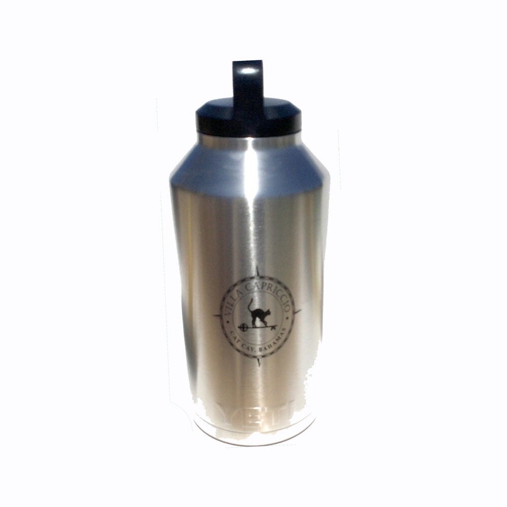 We laser mark your custom image on a new YETI 64 oz water