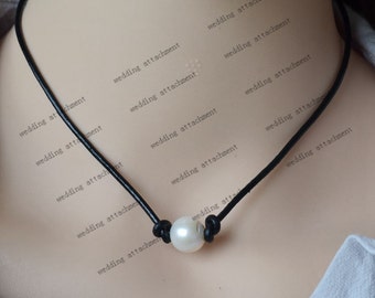 pearl black leather necklace,single pearl necklace,10mm white freshwater pearl leather necklace,a real pearl leather choker jewelry