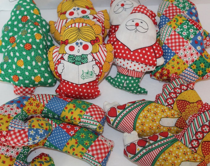 Vintage Patchwork Fabric Stuffed Christmas Ornaments Set of 12