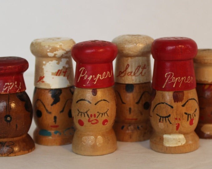 Vintage Wooden Salt and Pepper Shakers, Instant Collection, Chef Heads