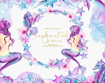 Mermaid Clipart Watercolor Sea Underwater Illustration Starfish Siren Seashell Seahorse DIY Pack Summer Collage Sheet Pink Purple Blue