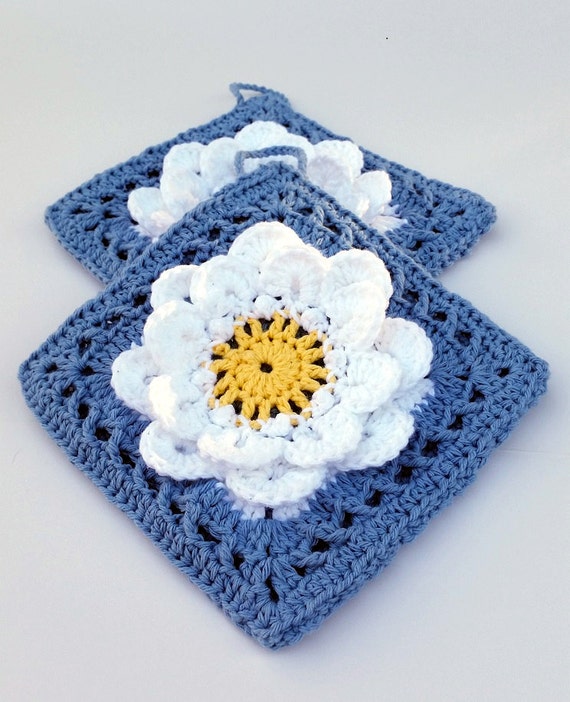 Daisy Crochet Cotton Potholders - Spring Kitchen - Hot pads - Kitchen Accessory - Kitchen Decor - Flower Potholder - Thick Pot Holders