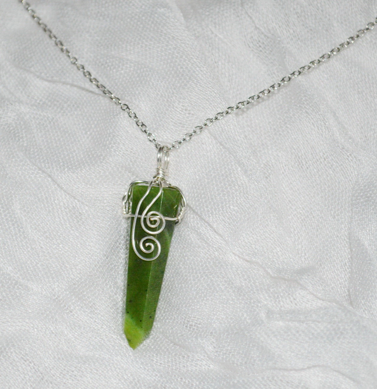 Green Jade Pendant Necklace . Wire Wrapped Jade Necklace
