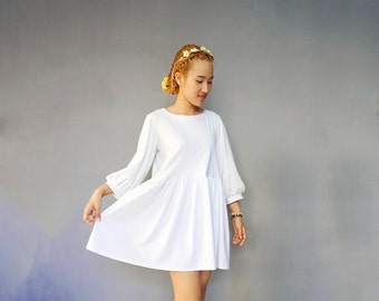 Long bishop sleeve cotton jersey knit smock dress, Babydoll dress, Loose style