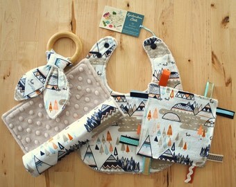 Baby Boy Gift Set - Woodland Teepee - Bib, Burp Cloth, Crinkle Teether w/ Maple Teething Ring, and Crinkle Toy - Indian Summer Collection