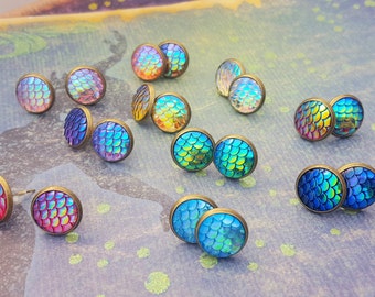 Bronze Mermaid Earrings, Scales Studs, Steampunk Mermaid, Vintage Mermaid, Bronze Mermaid Jewelry, Colorful Jewelry, Mermaid Scales, Womens