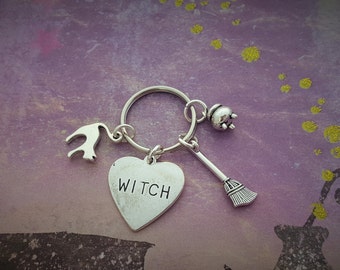 Witchcraft Keyring, Witchy Keychain, Witch Charms, Halloween Keyring, Gothic Gifts, Broomstick Charm, Cauldron Charm, Witch Accessories