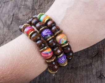 Stackable Wooden Beaded Stretch Bracelets with Colourful Malachite Beads - Hippie/Boho/Gypsy Style with Silver or Gold Accents