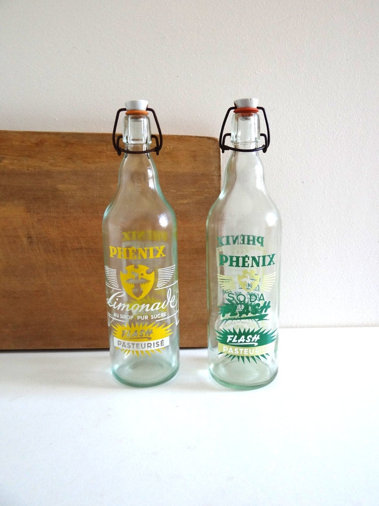 2 French Vintage Glass Bottles of Lemonade PHENIX Mid