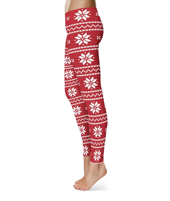 Christmas Red White Pattern Snowflake Leggings/ Athletic/