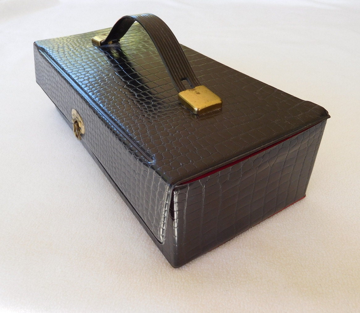 Vintage Audio Cassette Tape Carry Case Black Faux Crocodile Vinyl