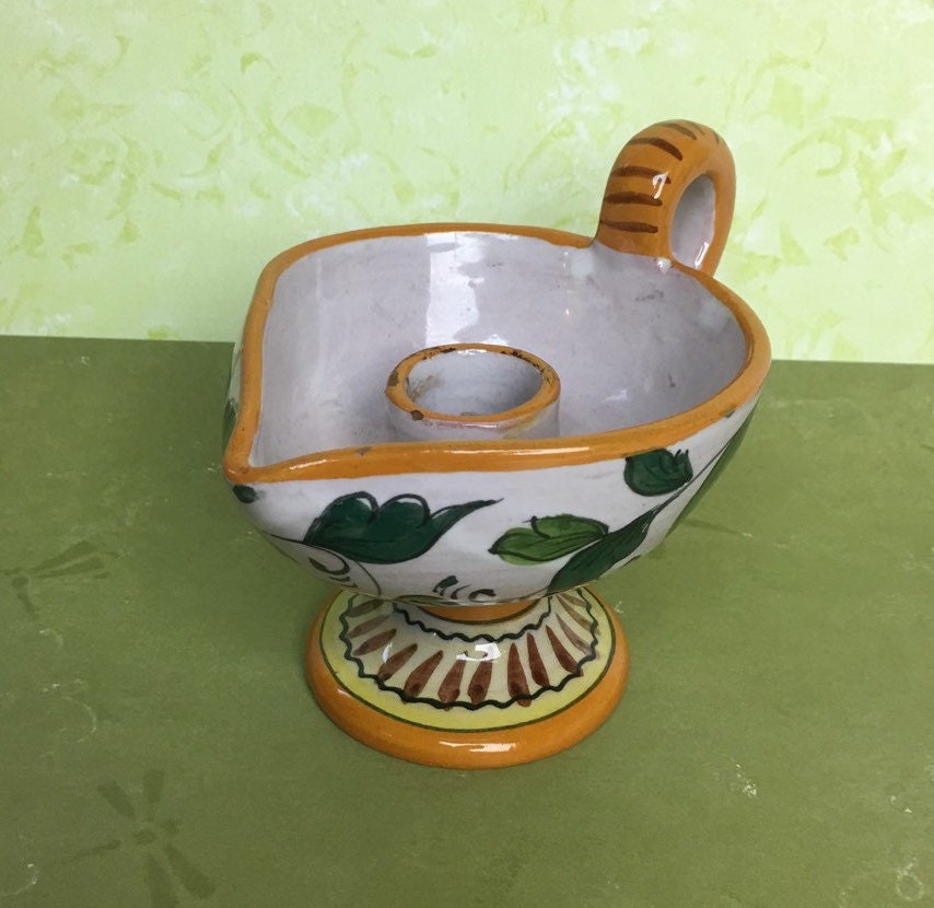 Vintage OffWhite Pottery Candle Holder Yellow and Green Decor