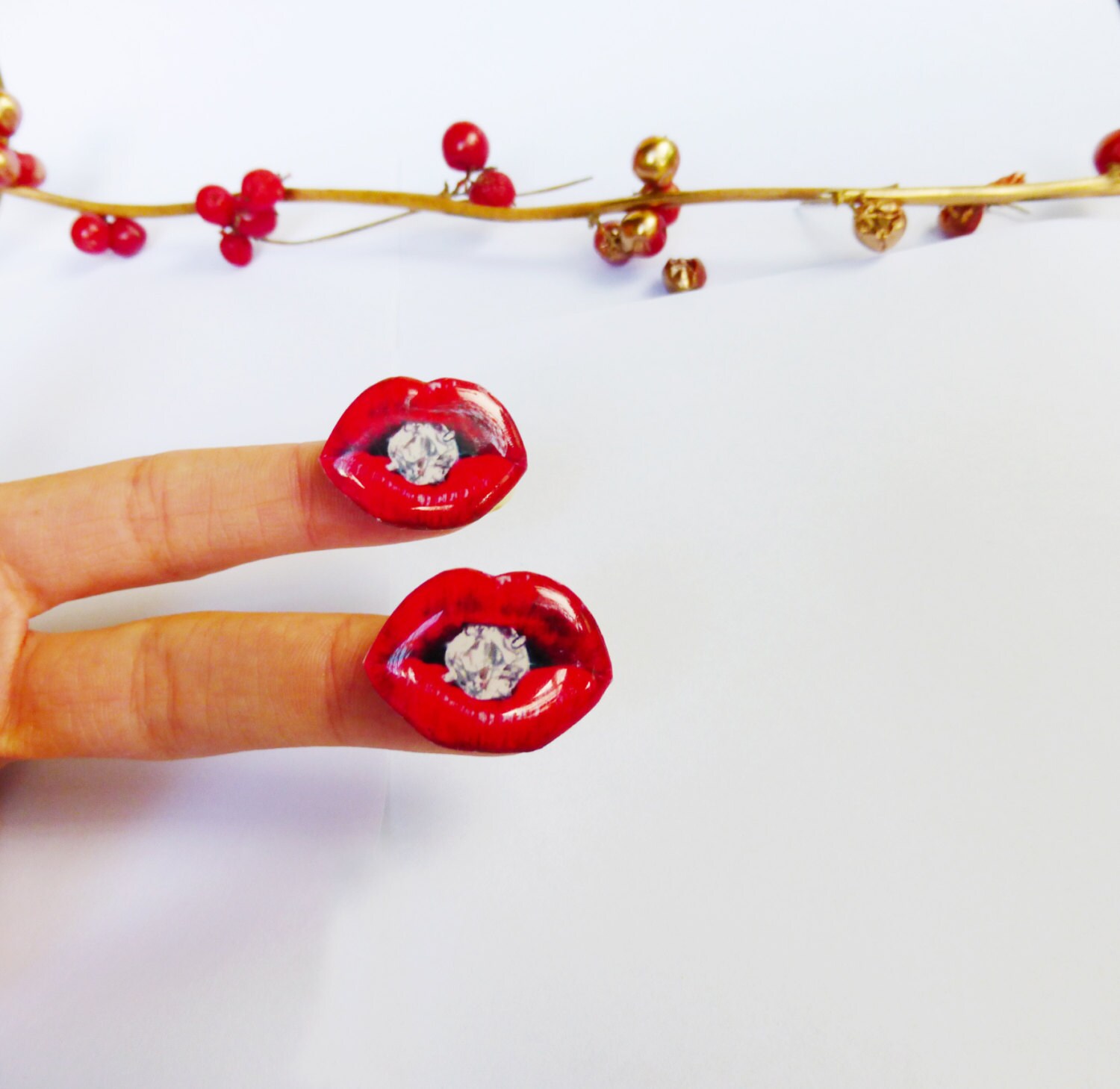 Lips with diamond earrings / red lips earrings / diamond