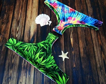 Reversible Seamless Bikini Bottom Brazilian Thong Cheeky Weed Pot Leaf Tie Dye Rainbow 420 - Made to Order - tiedye hippy marijuana stoner