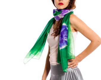 Hand painted silk scarf-Violet flowers in Permanent Green,Silk scarf, Painted scarves, Birthday gift for her,Woman silk scarf by Dimo-OOAK