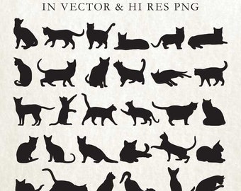 Cat Silhouette Clipart, Cat Silhouette Clip Art, Cat Clipart, Cat Clip Art PNG & Vector EPS, AI Design Elements Instant Download