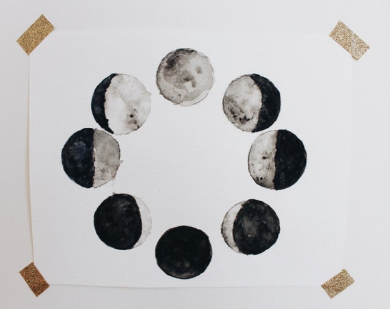 Phases of the Moon Handpainted Watercolor