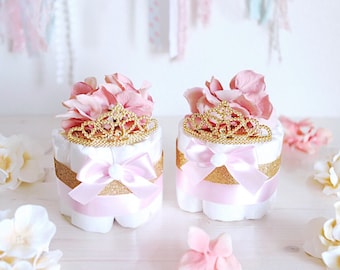 Pink & Gold Princess MINI Diaper Cake / Baby Shower Centerpieces decorations / Girls Room Nursery Decor / New mom unique gifts / Tiara Crown