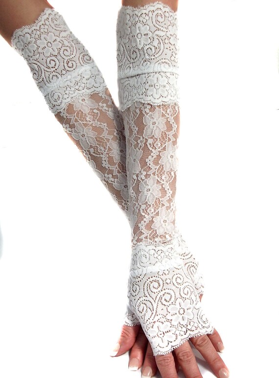 XX Long White lace fingerless gloves cuffs arm warmers