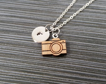 Wooden Camera Necklace - Wood Camera Charm Necklace - Personalized Necklace - Custom Gift - Initial Necklace - Photographer Gift