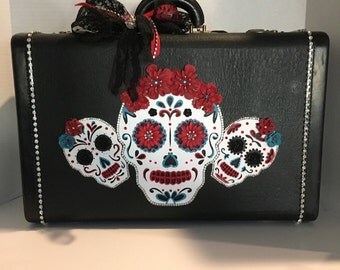 Vintage suitcase, Day of the Dead, Skulls, painted luggage, sugar skulls, dia de los muertos