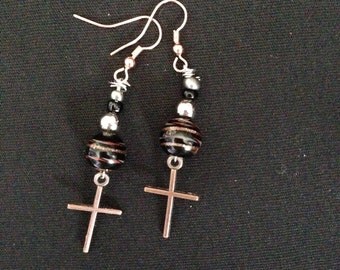 Black Shimmer Bead and Cross Dangle Earrings