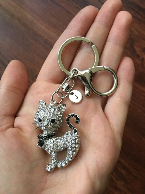 Silver Cat Keychain with letter cat keychain by SummerJewelryLA