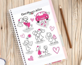 Cute Wedding Stick Figures Planner Stickers | Wedding Planner | Wedding Stickers | Love Stickers | Romantic Hearts (S-064)