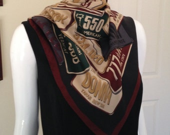 80's Donna Karan Silk Scarf Designer DKNY Square Silk Scarf Grey Silk Scarf Designer Novelty Print Scarf- Excellent!