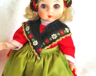 Vintage Madame Alexander 8" Doll Girl Sweden International Series 592, In Box,with tag, with stand, Sweden Girl Doll, Swedish Doll