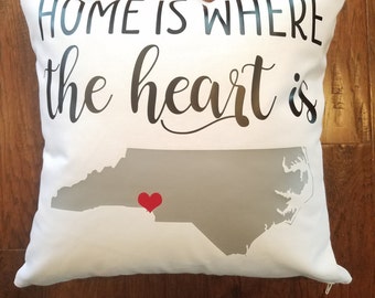 North Carolina NC Throw Pillow | Home Is Where The Heart Is | Personalized Pillow | Perfect For Housewarming Gifts, Weddings, Anniversaries