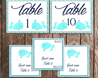 Baby Shower Table Numbers and Guest Place Cards - Table Numbers 1 - 10 - Blue Whale Baby Shower Decorations Table Signs Aqua and Navy Waves
