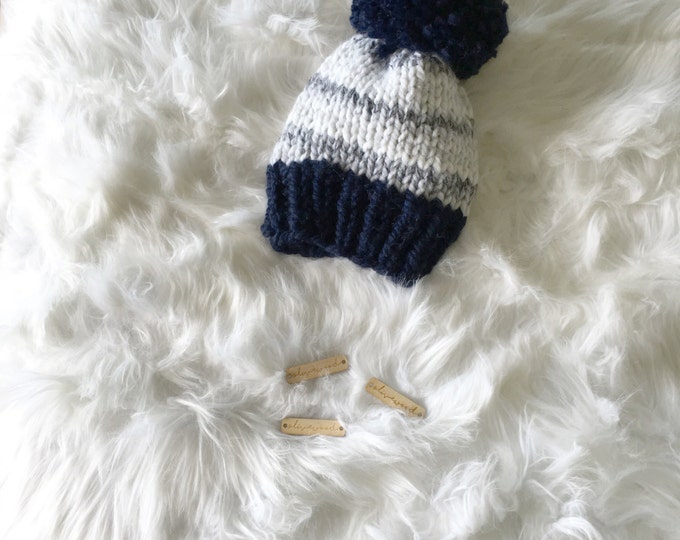 Knit Slouchy Newborn-toddler kids Baby Beanie Hat With Large Pom Pom//THE MICK//in Navy and Marble