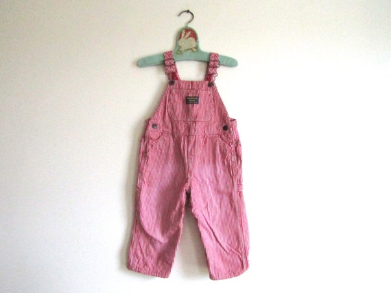 24MOS - Vintage OshKosh Bgosh Unisex Conductor Train Red and White Pin Striped Boys Flannel Lined Overalls 24 Months Mos