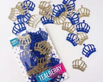 100 Piece - Gold & Blue Crown Confetti - Table Decor - Paper Confetti - Gold Crown Confetti- Royal Blue Crown Confetti - Ready to ship